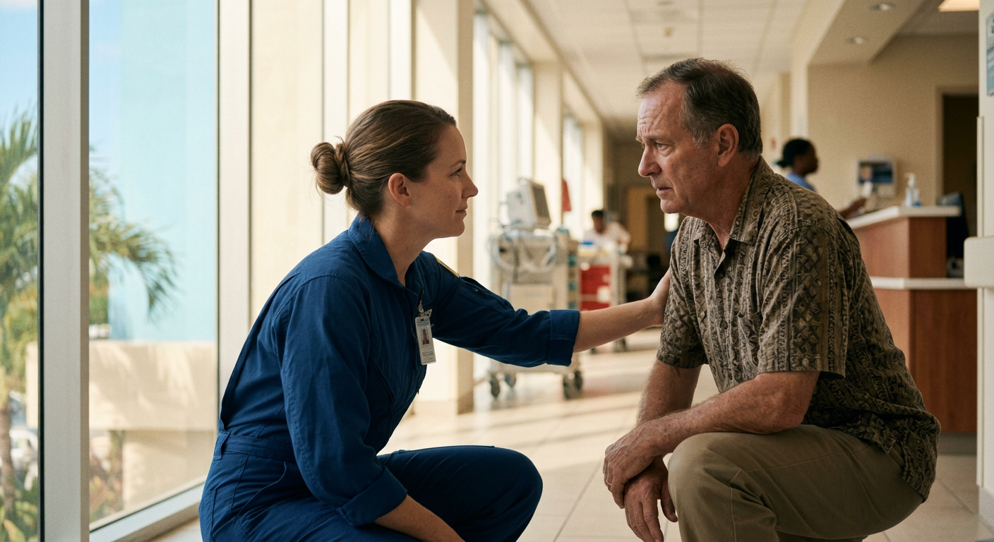 Enfermera de vuelo conversando con un familiar en un pasillo de hospital